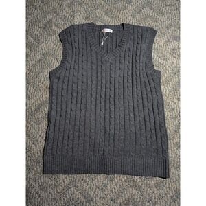 H2H Mens Cable Knit Sweater Vest Charcoal Gray V-Neck Sleeveless Large